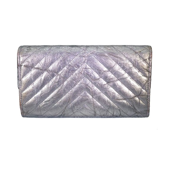 Chanel Silver Chevron Quilted Patent Leather L Gusset Flap Long Wallet 2018 - Picture 4 of 12